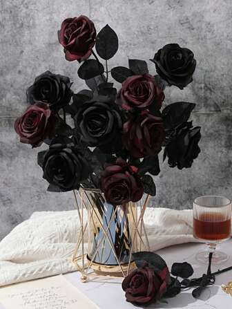 6 Stücke schwarze Rosen/weinrote Rosen künstliche Blumen, künstliche Seidenblumen Rosen 45 cm, gefälschte schwarze Rosen Brautstrauß geeignet für Heim, Hochzeitsdekoration, Halloween Dekoration, Dekoration für alle Jahreszeiten