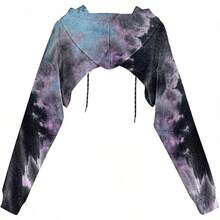 Women Crop Top Pullover Sweatshirt Long Sleeve Drawstring Hoodie - 黑色紫色 - 查看 2
