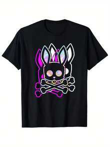 Camiseta de algodón pesado de 180G para hombres - Impresión gráfica de conejo psicodélico y calavera y huesos cruzados, camiseta negra de manga corta casual, ajuste regular, lavable a máquina, tallas S-2XL, ropa para todas las estaciones, camiseta gráfica divertida, camiseta de tela duradera - Negro - Ver 1