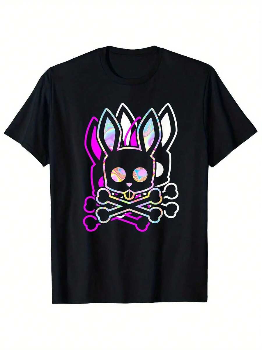 Camiseta de algodón pesado de 180G para hombres - Impresión gráfica de conejo psicodélico y calavera y huesos cruzados, camiseta negra de manga corta casual, ajuste regular, lavable a máquina, tallas S-2XL, ropa para todas las estaciones, camiseta gráfica divertida, camiseta de tela duradera - Negro - Ver 1