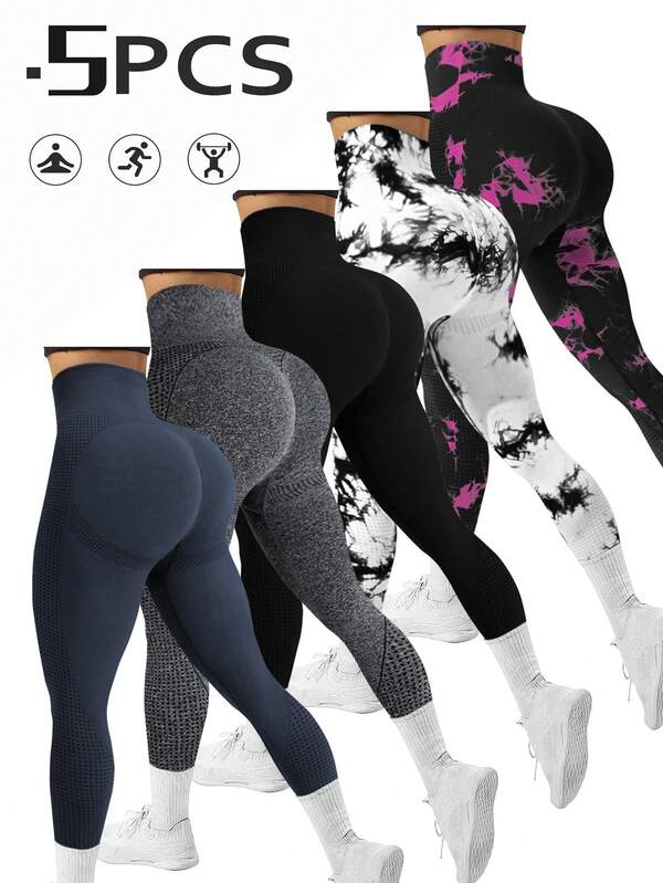 5pcs Women Seamless High Waist Yoga Pants, Peach Hip, Versatile For Daily, Casual, Sports, Tie-Dye Design