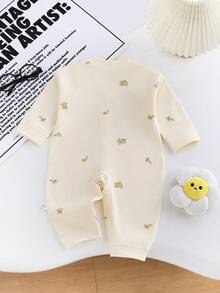 Baby Boy Cute Cartoon Print Front Button Romper, Infant Clothing Suitable For Spring And Autumn Seasons - Beige - View 2