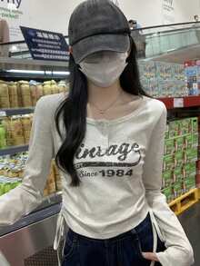 美式侧抽绳 T 恤女款，半开领长袖，印花修身短上衣 - 灰色 - 查看 8