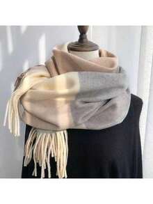 1 Piece Of Plaid Tassel Warm Casual Simple Knitted Women's Scarf Neck Scarf Couple Neck Scarf Suitable For Autumn And Winter Use - 012 Màu be lạc đà - Xem 1