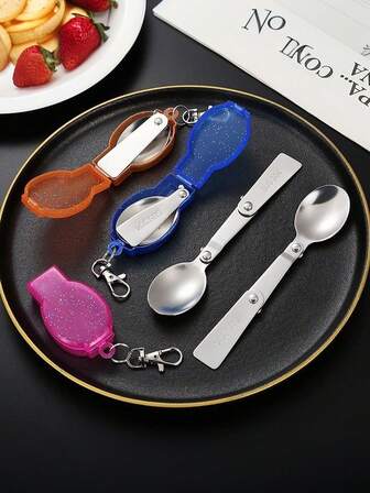 1pc Stainless Steel Folding Spoon,Portable Three Fold Spoon,Folding Tableware Set,Equipped With Plastic Storage Box Pendant,Stainless Steel Spoon,Salad Fork,Dessert Fork,Fork,Salad Spoon,Creative Mini Rotatable Folding Spoon,Soup Spoon,Dessert Spoon,Ice Cream Spoon,Coffee Spoon,Suitable For Outdoor Activities