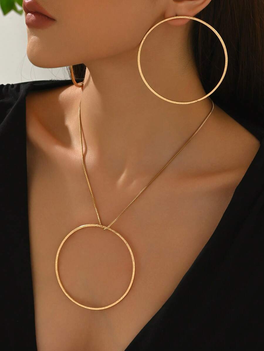 2pcs/Set Fashionable Geometric Circle Exaggerated European And American Creative Minimalist Hoop Earrings And Necklace Set - Golden - View 1