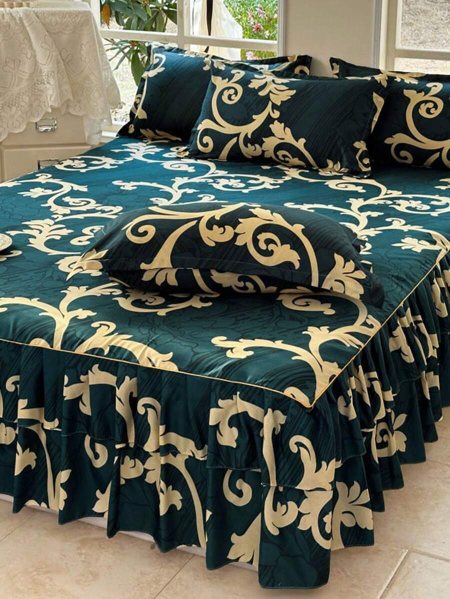 3pcs Bedskirt Set (1 Bedskirt + 2 Pillowcases), Floral Pattern, Soft & Skin-Friendly, Suitable For Bedroom, All Season - Green - View 1