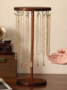 1pc Wooden Round Jewelry Display Stand, Walnut Color, Minimalist Design, Necklace, Pendant, Bracelet, Bangle Organizer, Christmas & Halloween Gift For Women