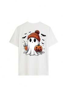 New Women's Summer T-Shirt, Short-Sleeved And Round-Neck, Featuring A Pumpkin-Themed Character Holding A Drink. It's A Casual, Loose-Fitting Garment With A [Design/Feature/Etc.]. - 白色 - 查看 3