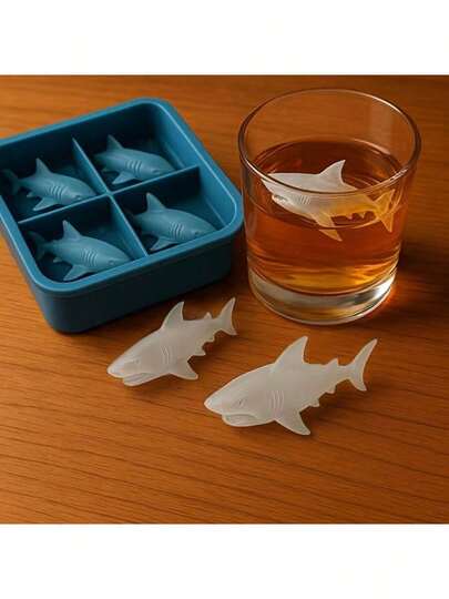 1 件 4 腔鲨鱼硅胶冰格，不粘硅胶烘焙模具，适用于冰块、巧克力、饼干，创意厨房派对模具，甜点爱好者必备