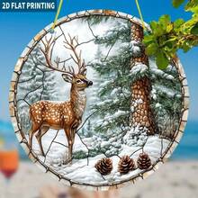 2D Flat, 2D Flat 1 Piece Winter Deer Catcher, 19.99x19.99 Cm Round Acrylic Logo, Stained Glass Style Window Pendant, Quiet Winter Wonderland Atmosphere, Suitable For Home, Office, Living Room, Christmas Gifts, 2D Flat Home Decor Christmas Decorations Room Decor