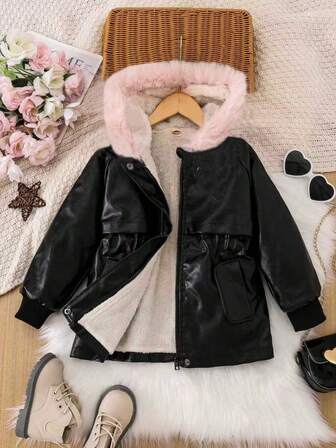 Tween Girl Retro Long Sleeve Fur Collar Jacket Coat, Thickened Thermal Lined PU Leather Jacket For Teens, Fashionable Cinched Waist Elegant Mid-Length PU Leather Coat, Autumn/Winter