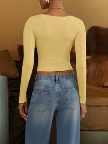 Cropped Casual Square Neck Double-Layer Fitted T-Shirts For Women, Suitable For Spring And Summer - Light Yellow - View 6