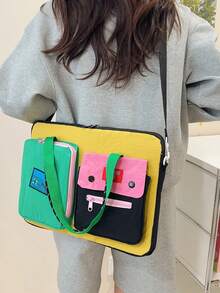 韩版多巴胺拼色 16 英寸笔记本电脑包，多功能单肩斜挎包，大容量，方便通勤，休闲拼色背包女士秋季大学必备笔记本电脑包女士 书包笔记本电脑套返校 - 黑色 - 查看 12