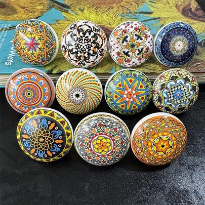 6/12pcs Bohemian Style Round Ceramic Drawer Pulls, With Screws, Colorful Hand-Painted Floral And Geometric Patterns, Suitable For Modern And Vintage Cabinets, Kitchen Cabinet Handles