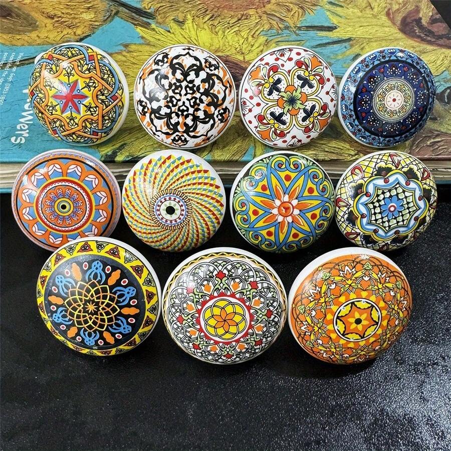 1/6/12pcs Bohemian Style Round Ceramic Drawer Knobs With Screws, Colorful Hand-Painted Floral And Geometric Patterns, Suitable For Modern And Vintage Cabinets, Kitchen Cabinet Pulls