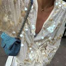 Women Sequin Wrap Tie Front Crochet Knitted Cardigan Y2K Sparkly Oversized Blouse Sheer Mesh Jacket Lace Up Glitter Coats For Concert Party Summer Beachwear Swimsuit Cover Ups - 白色 - 查看 1