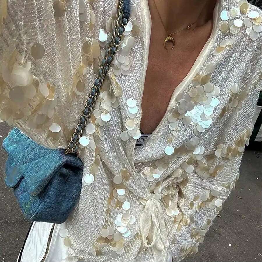 Women Sequin Wrap Tie Front Crochet Knitted Cardigan Y2K Sparkly Oversized Blouse Sheer Mesh Jacket Lace Up Glitter Coats For Concert Party Summer Beachwear Swimsuit Cover Ups - 白色 - 查看 1