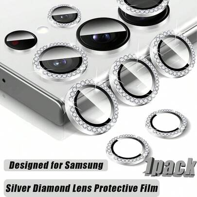 1 包兼容三星 Galaxy 强化玻璃水钻镜头保护膜（银色），全覆盖设计，高级粘合剂，超清晰，防刮，金属环设计，磨砂表面，兼容三星 Galaxy A05S/Galaxy A14 5G/Galaxy A15 和大多数系列适用于日常防护、办公室、家用手机摄像头盖防水防震防摔防摔防指纹