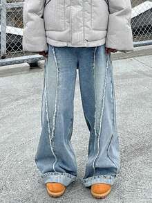 Calça Jeans Masculinos de Perna Reta Larga, Lavagem Desbotada Vintage Barra Desgastada Estilo de Rua Casual Perna Larga