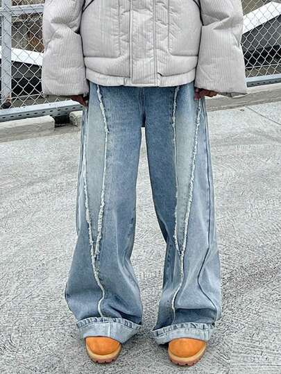 Herren Loose Straight Leg Jeans, Vintage ausgewaschene Waschung, abgenutzte Säume, lässiger Streetstyle Weite Bein Jeans