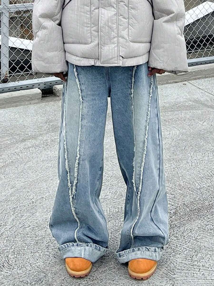 Calça Jeans Masculinos de Perna Reta Larga, Lavagem Desbotada Vintage Barra Desgastada Estilo de Rua Casual Perna Larga