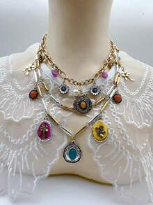 1套时尚多层复古花朵多巴胺彩色项链