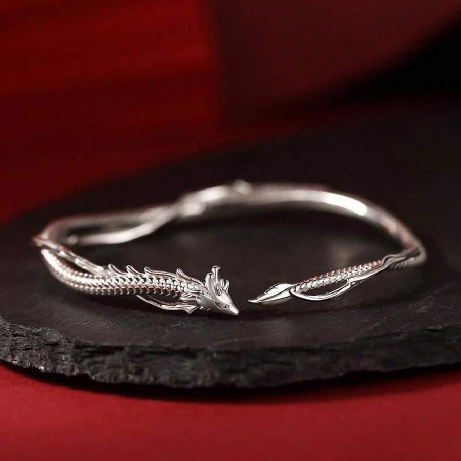 Vintage, Elegant, Luxury Style Dragon Bangle, Zodiac Dragon Year Birth Bangle, Exquisite Adjustable Cuff Bracelet Suitable For Daily Wear, Party, Birthday Jewelry Gift