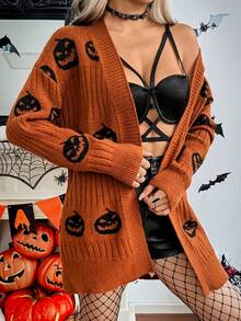 2025 New Autumn/Winter Casual Pumpkin Vintage Knit Cardigan, Long Sleeve Sweater Jacket