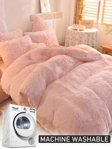 [豪华柔软床上用品] 3 件套豪华柔软舒适羽绒被套床上用品套装 - 纯色，包括 1 个羽绒被套 + 2 个枕套，适用于卧室和客房，不含枕芯 - 粉色 - 查看 8