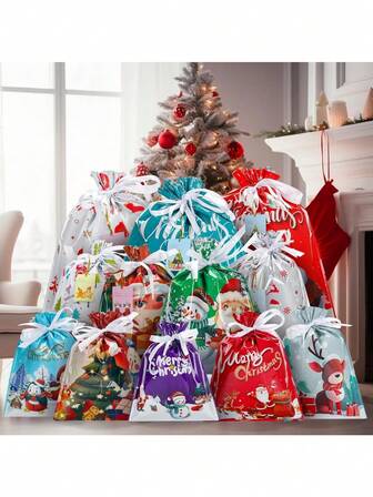 6/15/18/30Pcs Merry Christmas Drawstring Gift Bag New Year Candy Cookie Packaging Bag Christmas Home Decoration With Tags Christmas Christmas Decorations Christmas Pajamas Christmas Gifts Christmas Decor