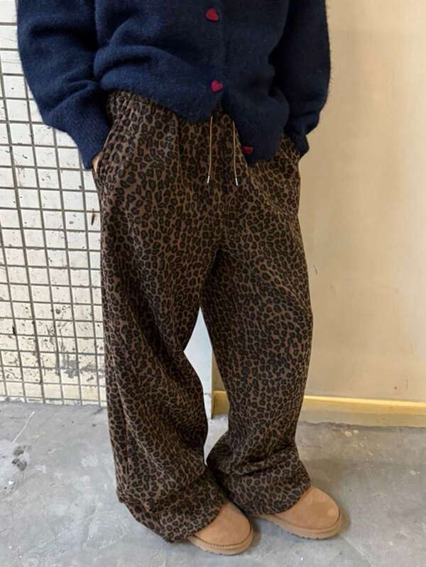 Pantalon droit décontracté en tricot imprimé léopard pour hommes, convenant pour le printemps/automne, pantalon de jogging ample et décontracté pour le port quotidien, les rendez-vous, les sorties, le streetwear vintage, polyvalent