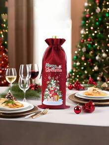 1/4pcs 2025 Christmas Bundle Pocket, Red Wine Champagne Packaging Bag, Christmas Party Drawstring Bag, Wine Gift Bag, Suitable For Family Gatherings, Christmas Decoration - Multicolor - View 3