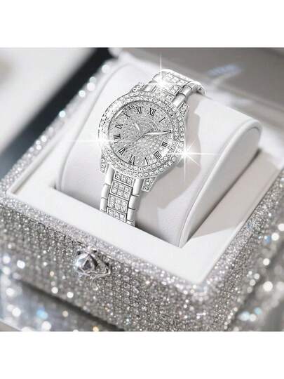 Horloge Set Elegante Quartz Jewelry Set, Round Watch, Rhinestone Necklace, Earrings, Ring, Bracelet Perfect Everyday Wear, Birthday s, Parties, Holiday Gatherings, As The Ideal Yourself Or Friends No Box view 5