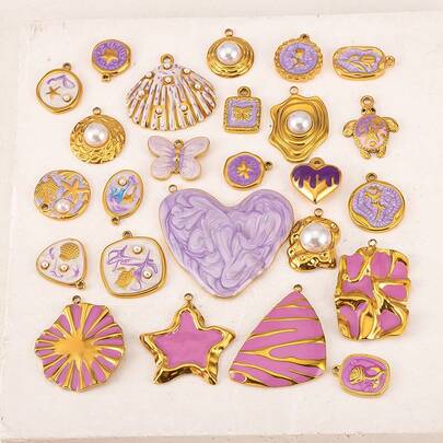 2pcs Fashionable Stainless Steel Oil Drop Ocean Style Heart, Butterfly, Flower Pendant Charms For DIY Jewelry Making Bracelet Necklace Earrings