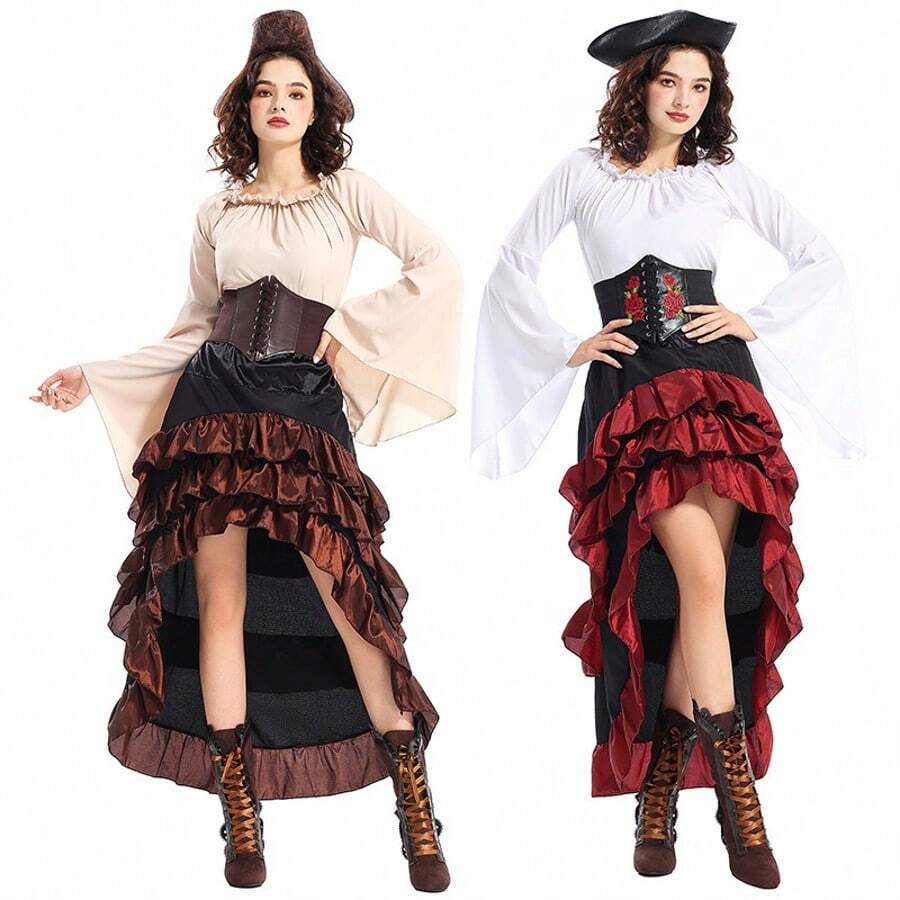 Halloween Costume, Medieval Irregular Pirate Queen Waistband, Lotus Leaf Long Skirt, Navigator Cosplay Costume - 白色上衣+裙子+腰封 - 查看 1