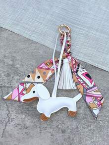 1 sztuka uroczego breloczka ze skóry ekologicznej z jamnikiem i różowym chwostem z szalika – modne dodatki do torebek, smycze do telefonów i akcesoria do portfeli DIY, biżuteria damska na klucze | Darmowa wysyłka uroczego wisiorka z jamnikiem | Złote akcesoria, samodzielne wykonanie portfela