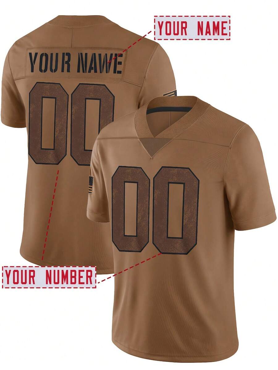 Customized Name & Number Men's Embroidered American Football Jersey, V-Neck Short Sleeve Shirt For Party, Match, Training, Sports, DIY, S-XXL - Brown - View 1