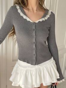 YIU 女士灰色长袖罗纹针织开衫，蕾丝边饰，休闲约会皆宜，优雅独特的叠穿单品，春新年必备，新品上市 - 灰色 - 查看 2