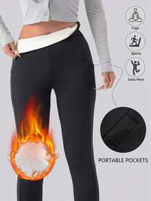 1 件女士羊毛内衬保暖裤，涤纶弹力高腰运动裤，带侧袋，适合寒冷天气，成人女士秋冬紧身打底裤