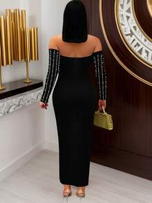 Off-Shoulder Slit Bodycon Dress – Sparkling Stretch Mermaid Gown, Slim For Club Party, Date Night & Evening Glam