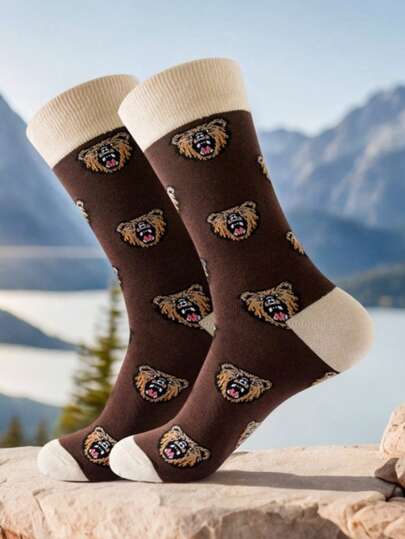 1 paire de chaussettes mi-mollet chaudes avec motif tête d'ours et fond marron, et innovantes. Convient aux hommes et aux femmes, pour toutes les saisons. Le choix parfait pour les hommes, en automne.