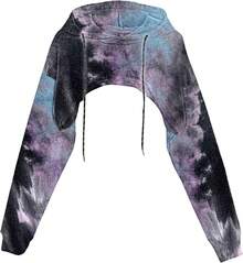 Women Crop Top Pullover Sweatshirt Long Sleeve Drawstring Hoodie - 黑色紫色 - 查看 1