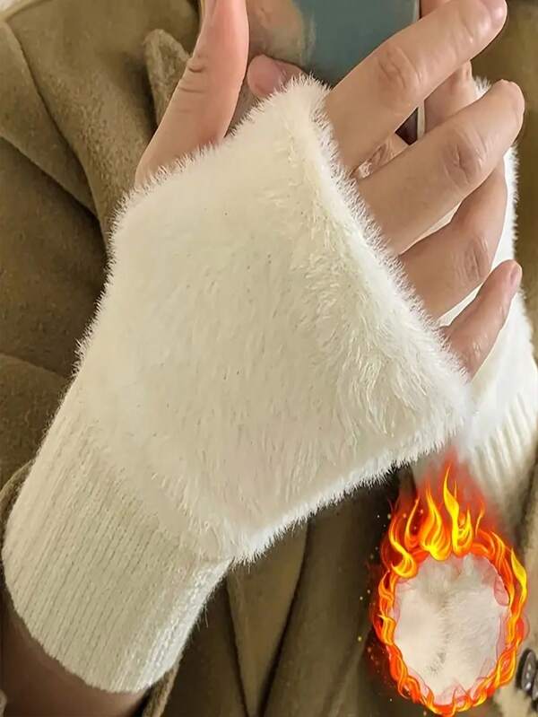 Guantes sin dedos cómodos para mujer - Suaves, cálidos y de moda en color blanco puro para el invierno, adecuados para clima frío o uso casual, lavables a mano, guantes de felpa con dedos parcialmente expuestos para pantalla táctil para mujeres