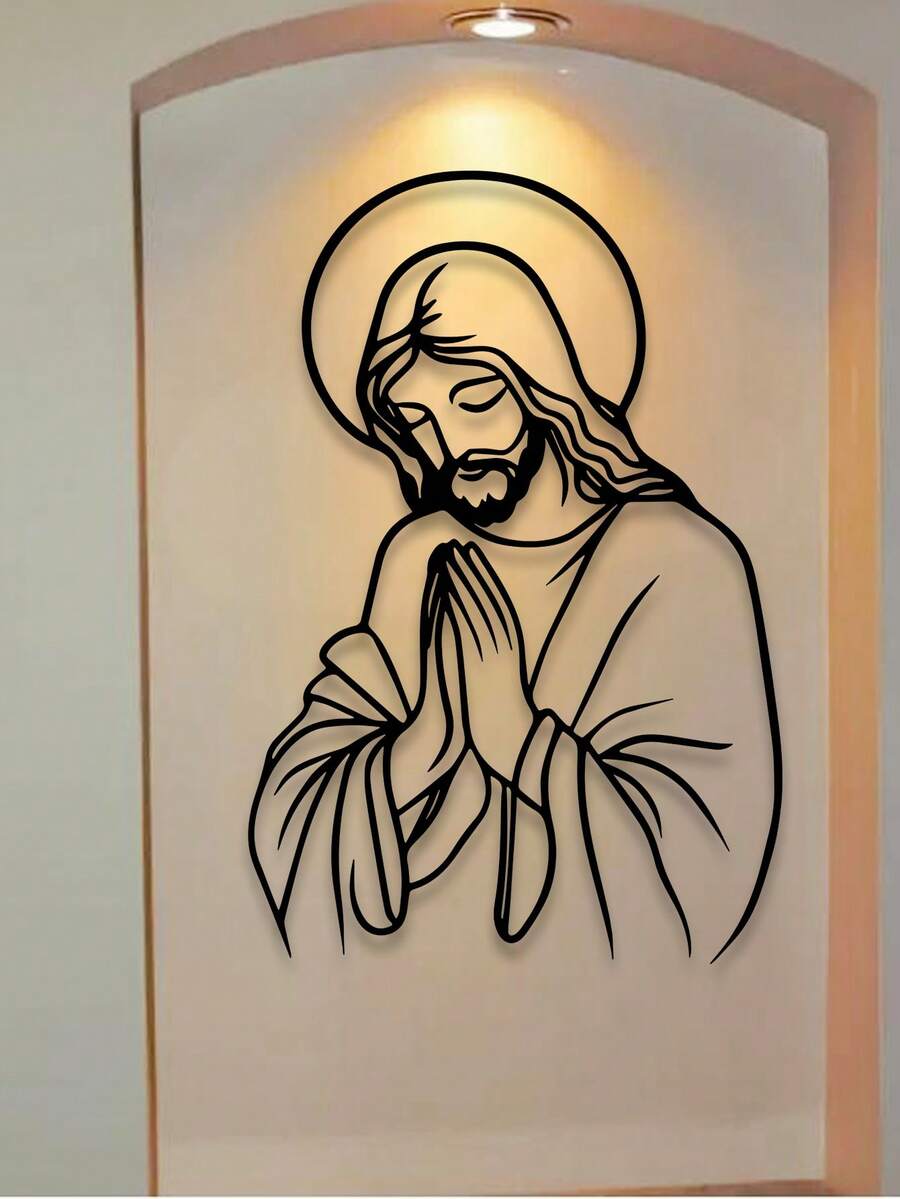 大型耶稣金属墙饰 - 经典基督教卧室家居装饰，激光切割设计易于悬挂，乔迁礼物，极简主义祈祷之手插图，现代金属墙饰，励志墙饰 - 彩色 - 查看 1