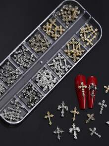 12Grids/Box Y2K Cross Mixed Style 3D Nail Art Rhinestone,Punk Gothic Alloy Cross Nail Decoration Accessories,Mixed 3D Nail Art Decoration For Manicure Supplies - Multicolor - View 7