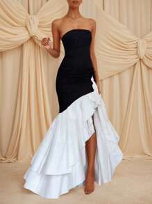 Vestido de fiesta con dobladillo asimétrico de doble capa, parche de color contrastante, plisado en el dobladillo y sin tirantes para boda, fiesta, vacaciones, regreso a clases, baile de graduación