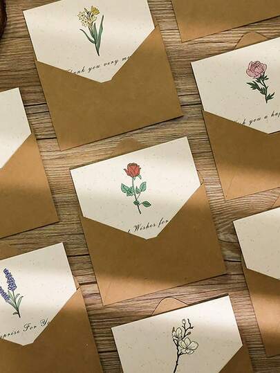 Vintage Botanical Greeting Cards, Kraft Envelopes, Simple Floral Design, Luxury Look, Suitable For Valentine'S Day, Confession Postcard Set, Bouquets, Blessings, Messages, Gift Cards, Christmas Gifts, Autumn/Winter Weddings, Invitations, Anniversaries, Gift Decorations(Lavender Series Greeting Cards/Envelopes + Sealing Stickers).Random Style