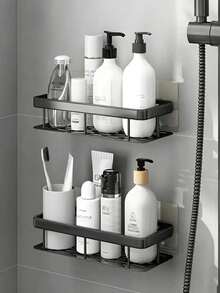 1/2 piezas Estante de ducha autoadhesivo sin perforación, toallero de baño, organizador de almacenamiento de cocina, organizador de baño, organizador de maquillaje, aleación de aluminio, contenedores de almacenamiento, gran capacidad, adecuado para baño, cocina, debajo del gabinete, fregadero, balcón y talla grande, decoración de baño, artículos esenciales para dormitorio universitario, decoración de habitación, decoración de baño, estantes para pared, artículos de cocina, accesorios de cocina, utensilios de cocina