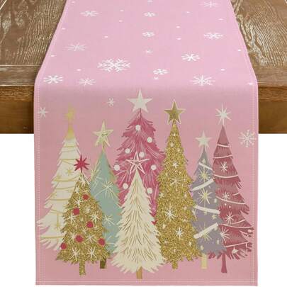 1pc Cute Pink Christmas Tree Table Runner, Christmas Tree Snowflake Holiday Decor For Farmhouse Dining Table, Kitchen, Indoor Outdoor Evening Party Decoration, 33x90/120/183/230/275cm